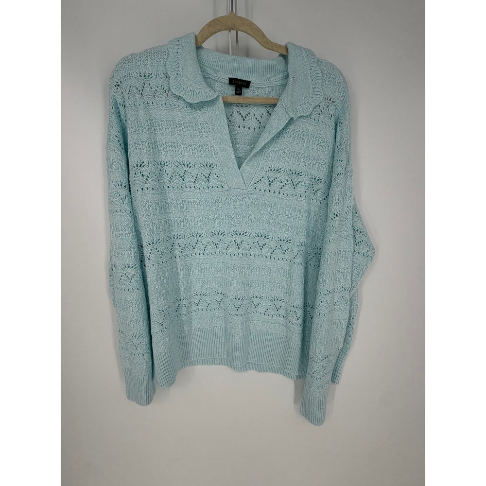 Talbots Sweater Womens XL Blue Pointelle Knit V-Neck Scallop Collar Coastal Prep